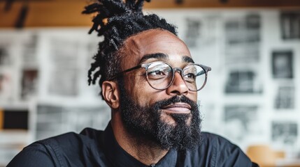 A man with glasses relaxes in a cozy cafe with newspaper clippings on the wall