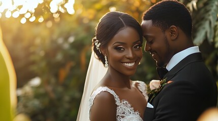 A couple in elegant attire, smiling warmly as they pose for their wedding portraits in a lush garden, their faces glowing with happiness