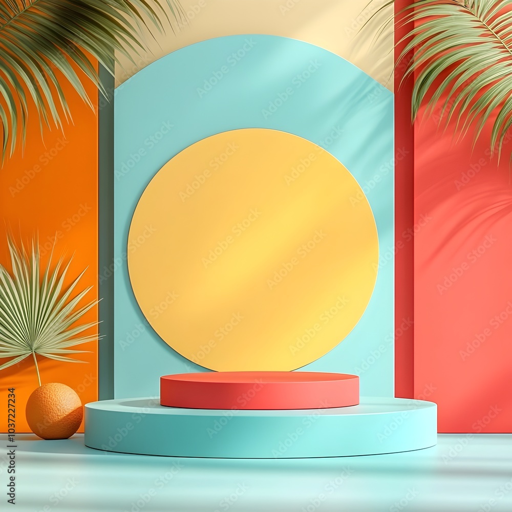 Poster minimalist 3d studio scene featuring an empty room with vibrant color block walls a product podium c