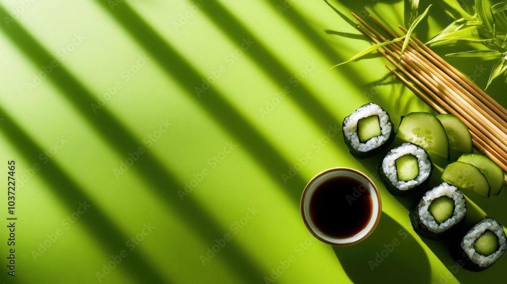 Poster sushi rolls filled with cucumber are artfully placed alongside a bowl of soy sauce on a striking gre