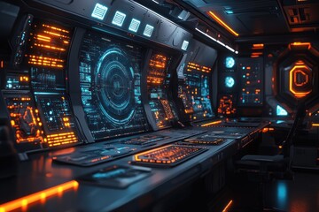 Obraz premium Futuristic control room with glowing interfaces and technology.