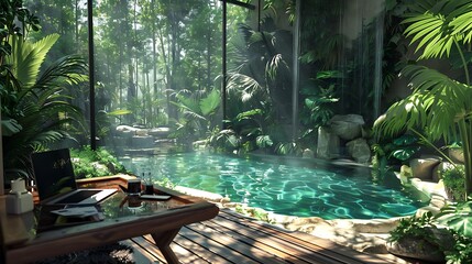 A clear jungle view pool is close to a wireless keyboard and toilet cleaner