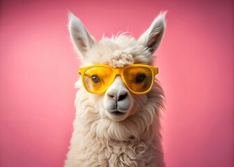 Obraz premium Fluffy Alpaca in Yellow Sunglasses with Quizzical Expression on Pastel Pink Background for Animal Lovers and Fun