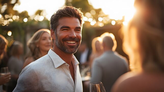 A man with a confident smile, holding a glass of wine as he chats with guests at an upscale garden party, his face full of charm and warmth