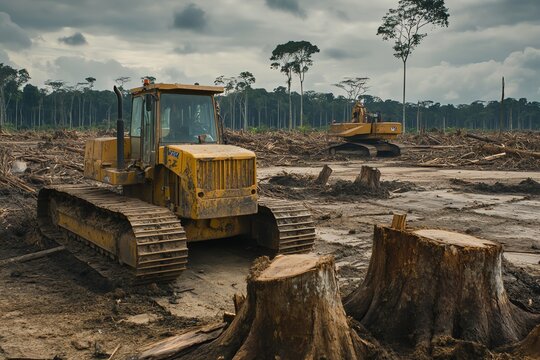 Exploitation foresti&egrave;re avec engins lourds et souches d'arbres abattus

