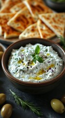 Creamy tzatziki served with herbs.