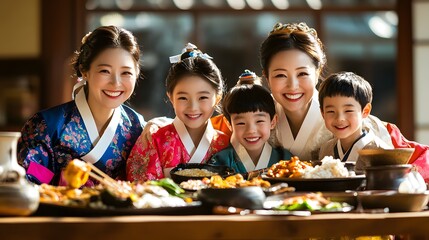 A family dressed in colorful hanbok, smiling warmly as they celebrate Chuseok with a traditional meal, their faces full of happiness and togetherness