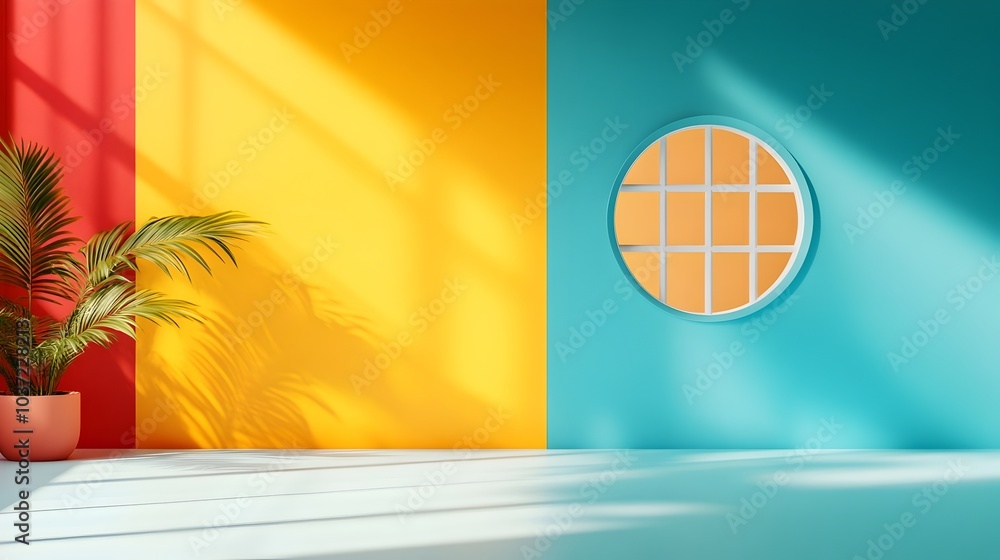 Poster sleek and modern 3d studio environment with varied vibrant hues uncluttered floor and walls showcasi