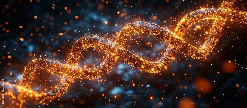 Poster a glowing, abstract representation of a dna-like structure with sparkles and a dark background.