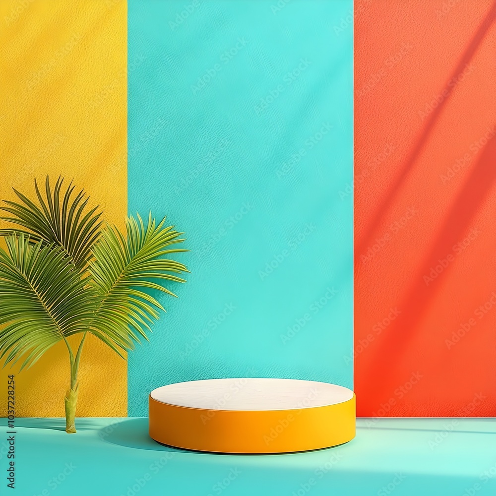 Poster minimalist 3d studio scene featuring an empty room with vibrant color block walls a product podium c