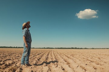 Homme observant le ciel dans un champ sec
