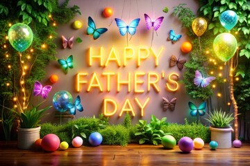Happy father's day pastel color wax balloon concept design. Father's day wishing. Wish, love, hugs, butterfly, tree, plant, ceremony, happy, color, holiday Neon light