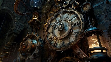 Obraz premium A clock tower full of gears contains a timeturner and hourglass