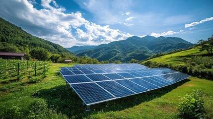 A solar panel installation in a lush mountainous landscape under a bright sky.