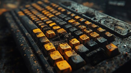 A dusty, abandoned keyboard covered in grime and cobwebs, suggesting neglect and decay.