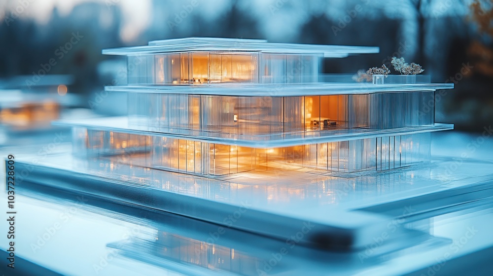 Poster a detailed architectural model showcasing a modern building design with illuminated features.