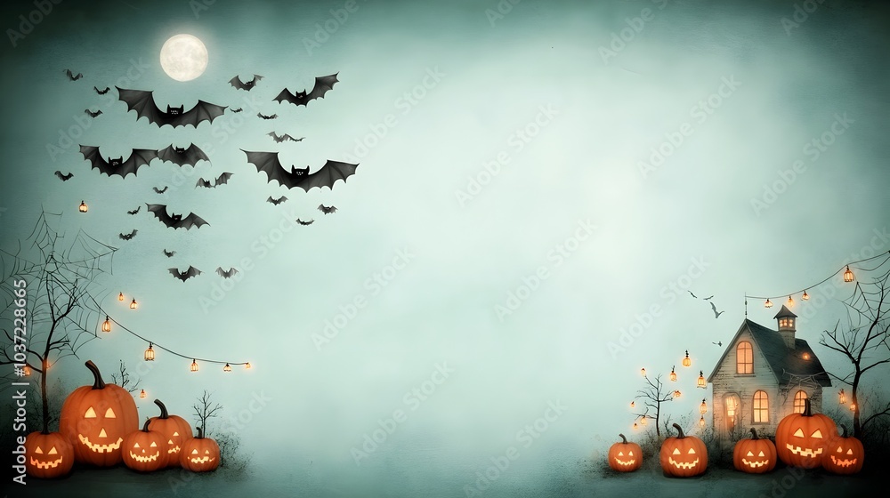 Poster swarms of bats swooping through the night sky above a quaint moonlit town adorned with jack o lanter