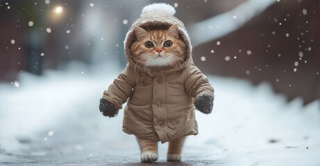 Cat in Winter Clothes on a Walk. AI generated illustration.