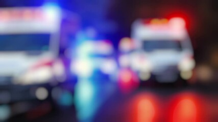 Defocused nighttime scene: emergency vehicles in slow motion coming forward, red and blue lights blur into mesmerizing bokeh. Urgency, urban drama, first responders in action.
