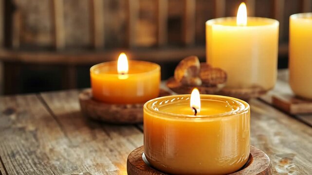 Three candles are burning on a wooden table