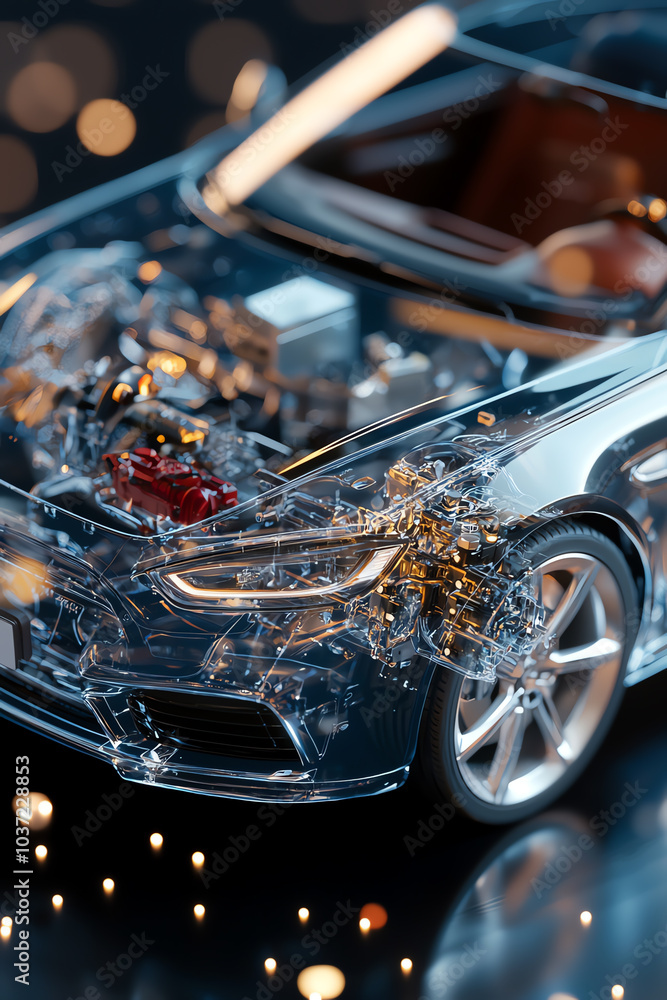 Poster exploring the intricate details of a transparent car model showcasing advanced engineering and desig