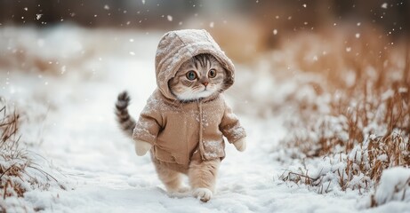 Cat in Winter Clothes on a Walk. AI generated illustration.