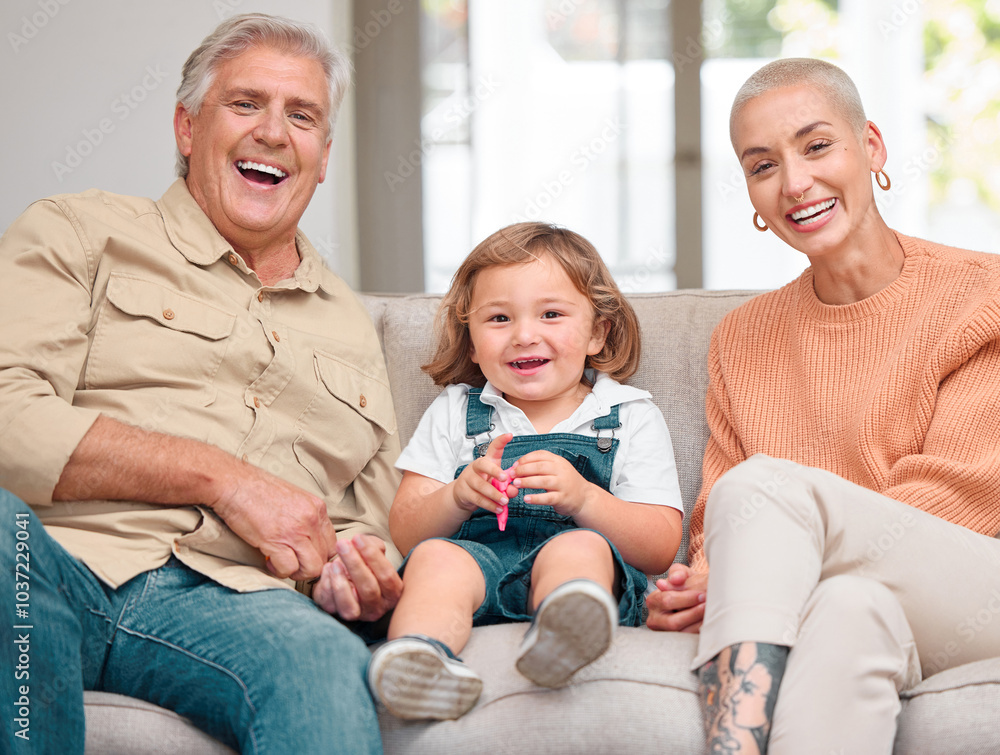 Sticker Laughing, love and portrait with family on sofa in living room of home together for bonding or visit. Funny, relax or smile with child, grandfather and mother in apartment for retirement or wellness