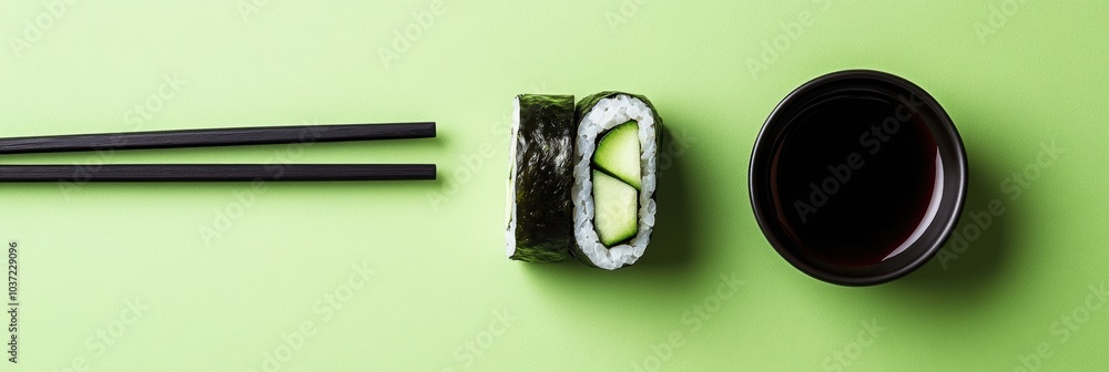 Poster a sushi roll filled with fresh cucumber sits next to a bowl of soy sauce and chopsticks on a bright 