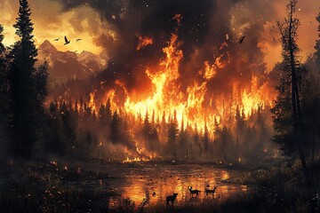 Incendie de for&ecirc;t intense au cr&eacute;puscule
