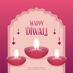 Happy Diwali Celebration Background. Diwali Festival Of Lights Banner with Diya Vector Illustration. Happy Diwali Social Media Post Template.
