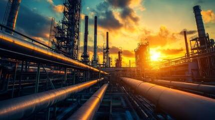 Oil refinery with pipes and chimneys at sunset