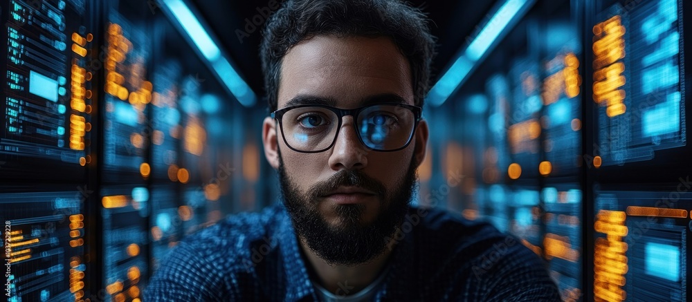 Poster a man with glasses in a data center surrounded by illuminated server racks.