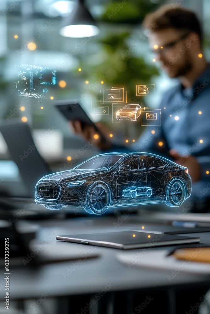 Poster exploring the future of automotive technology through digital innovation and design visualization