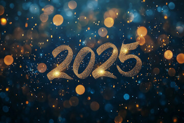 Golden 2025 text on an abstract festive background in blue colors with glowing bokeh lights