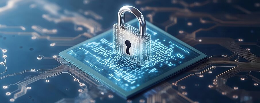 Circuit board design with binary code flowing into a digital lock, symbolizing encryption technology