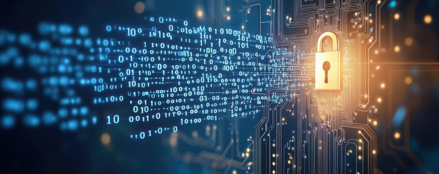 Circuit board design with binary code flowing into a digital lock, symbolizing encryption technology