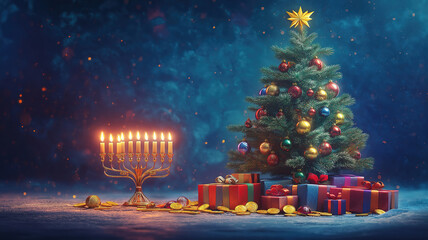 Merry Chrismukkah with Christmas tree gifts and Hanukkah menorah dreidel and gold chocolate coins