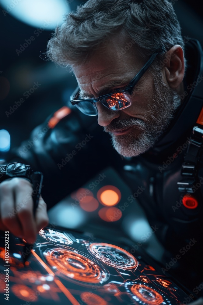 Poster a scientist analyzes data on a futuristic console in a high-tech laboratory setting