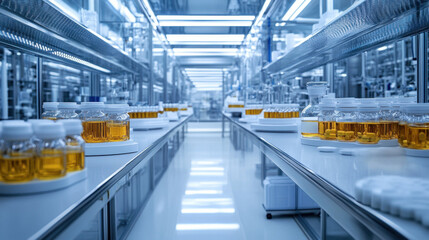 Fototapeta premium modern pharmaceutical factory showcasing rows of glass containers filled with yellow liquid. clean, bright environment emphasizes precision and innovation in drug production