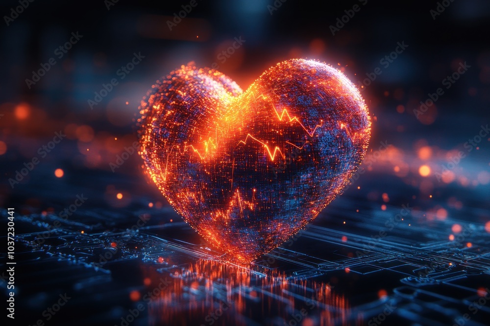 Poster a glowing heart shape with digital patterns and heartbeat lines, symbolizing technology and health.