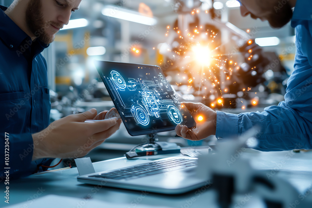 Poster innovative collaboration in technology engineers utilizing advanced tablets for industrial automatio