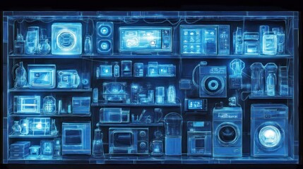 Obraz premium Futuristic Blueprint of Smart Home Appliances and Control Systems with High-Tech Digital Interfaces