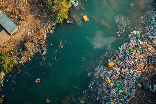 Pollution plastique flottant sur rivi&egrave;re
