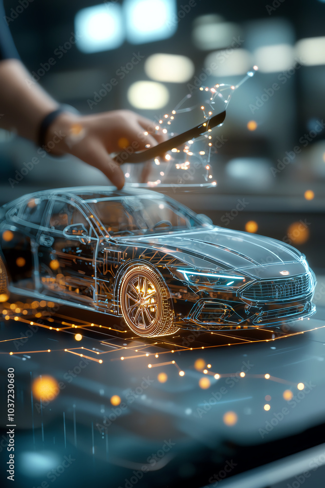 Poster innovative 3d modeling of an automotive design in a high-tech workspace with dynamic visual effects