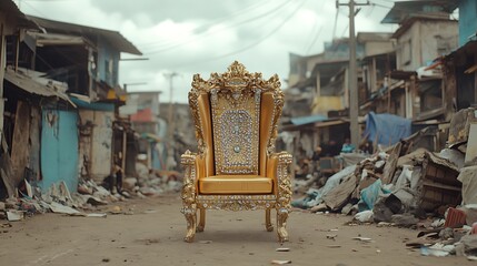 Naklejka premium A golden throne sits in the middle of a poor and dilapidated street.