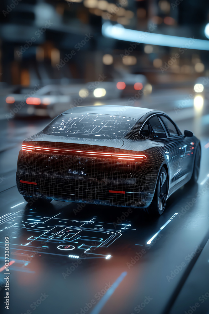 Poster futuristic car in a high-tech urban environment with digital mapping and connectivity features