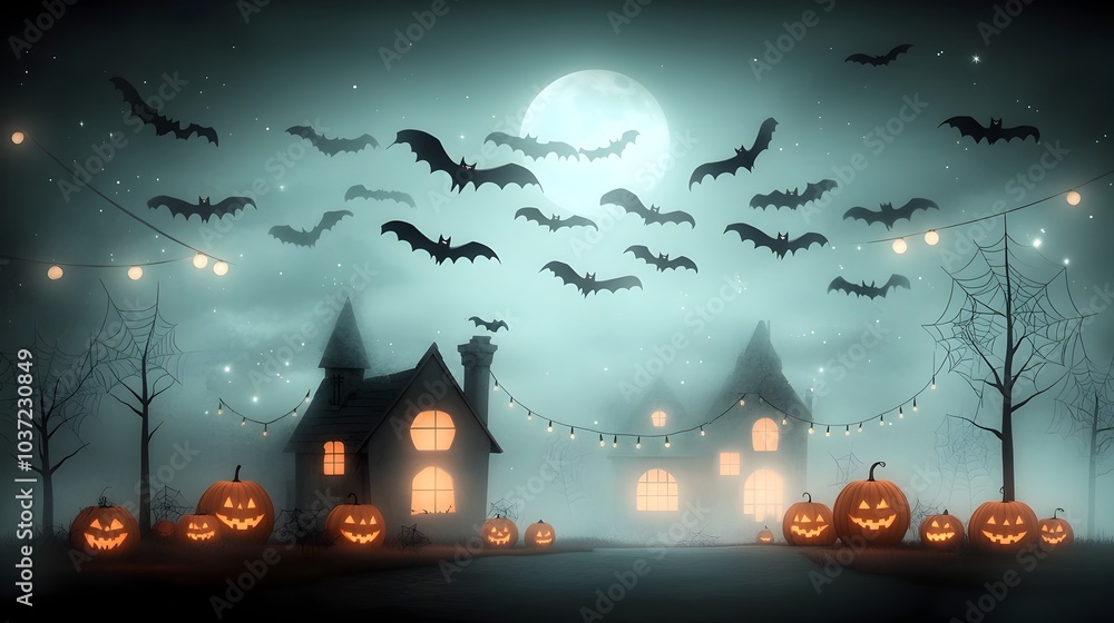 Poster swarm of bats swooping through the night sky above a quaint moonlit town adorned with jack o lantern