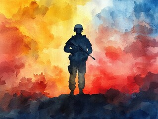 Obraz premium A soldier silhouetted against a vibrant watercolor backdrop of fiery colors, symbolizing strength and sacrifice.