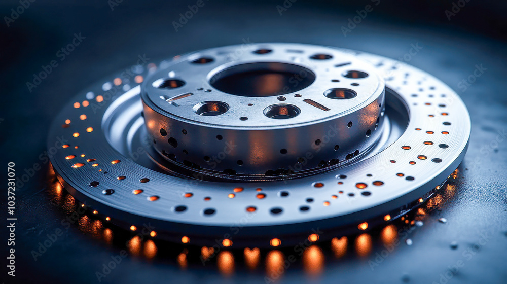 Poster detailed view of a high-performance disc brake system with glowing elements, emphasizing its precisi