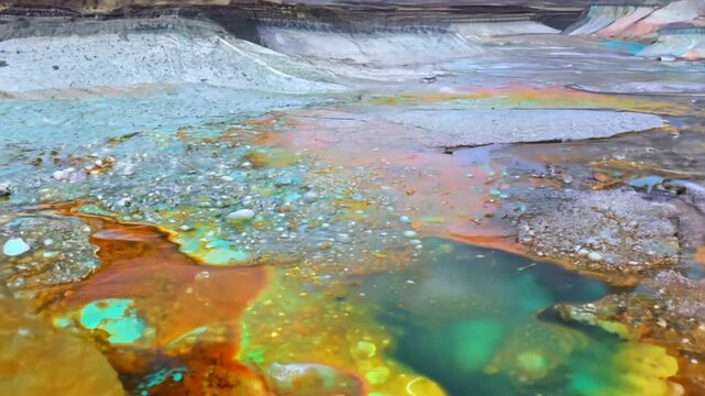 Panoramic view of Colorful mineral formations and acidic waters in mining areas, zoom in. slow motion. 4K Video
